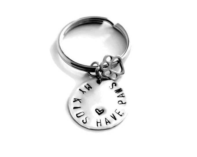 My Kids Have Paws Hand Stamped Key Chain, Pet Lover Key chain, Dog Lover Key Chain, Paw Print Charm Key Chain