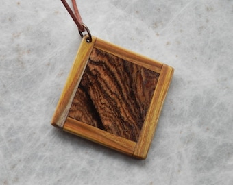 Wood Pendant. Hand Crafted From Exotic Bocote Wood. Framed In Smoke Bush Wood. Salvaged, Reclaimed Wood.