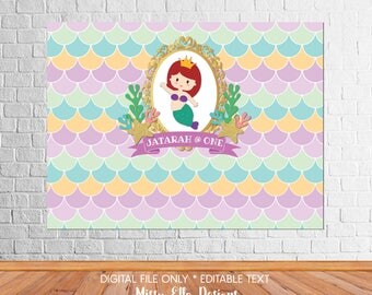 Cute Pastel Mermaid Party Backdrop // Dessert Table Backdrop // Little Mermaid Photo Wall // Mermaid Backdrop // Digital Printable