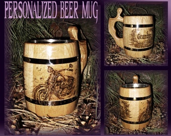 Personalized Mens Gift/Harley Davidson/Brother Gift/Grandpa Gift/Real Man Gift/Wooden Beer Mug/Gift For Boyfriend/Husband Gift/Beer Stain