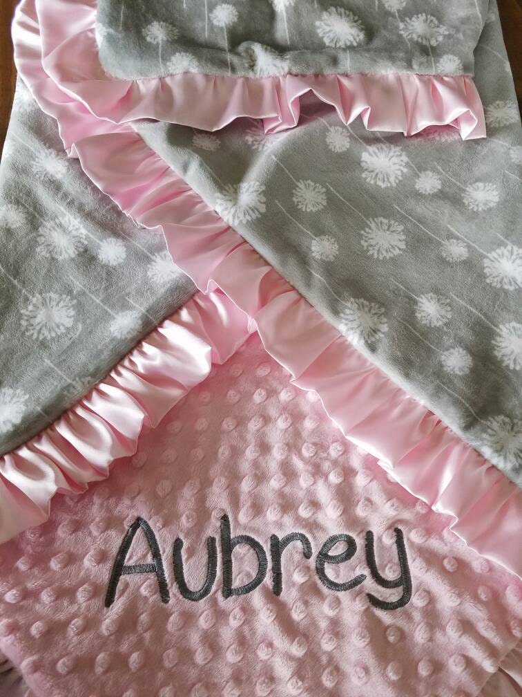 Personalized Pink and Gray baby girl baby blanket with satin trim, baby