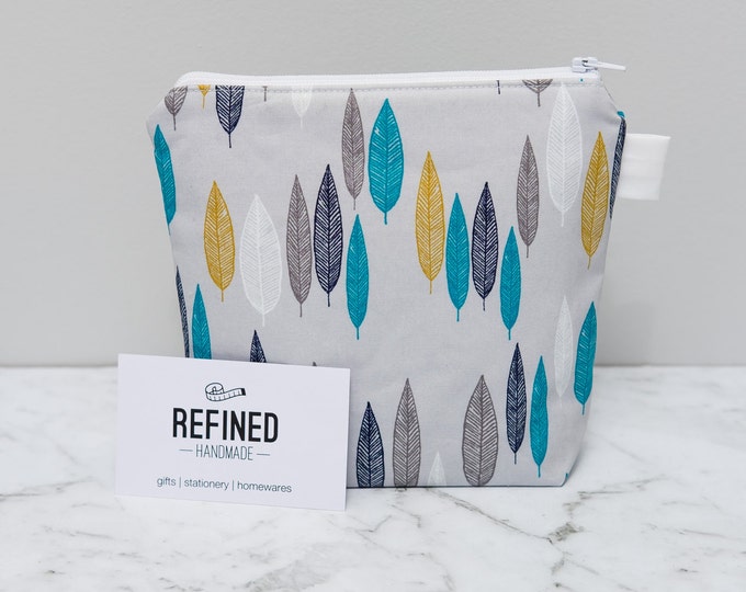 Teal and Gold Leaves Makeup Bag - make up bag - toiletry bag - cosmetic bag - cosmetic pouch - zipper pouch