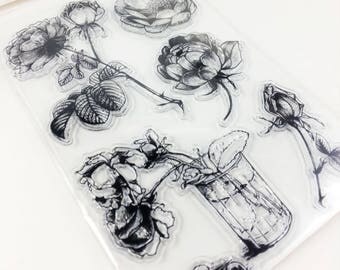 Clear stamp set acrylic silicone stamp Rose Rosen wedding flowers leaves vase flower love floral scrapbooking scrapbook clear stamps