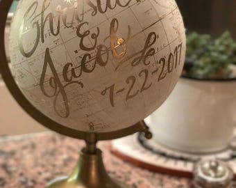 Custom Calligraphy Globe / Your Choice of Wording / White and Gold Calligraphy Globe / Custom Calligraphy Options Available