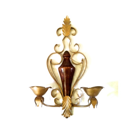 Large Vintage Wall Sconce Brass Wood Wall by LastTangoVintage