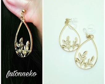 Invisible clip on earrings or Sterling Silver earrings,Gold tear drop and leaf invisible clip on earrings,clip on earrings,gift for women