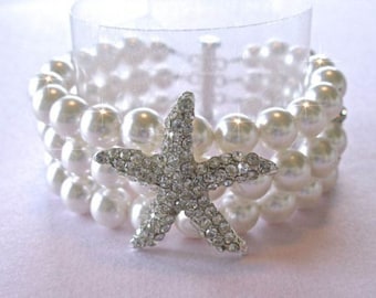 Handmade Crystal Starfish & Pearl Bracelet, Beach Wedding (Pearl-494)