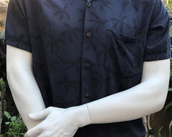 Two Palms Men's Hawaiian Shirt Size M/ 100% Rayon Made In The USA/ Hawaiian Blue Palm Tree Vintage Shirt