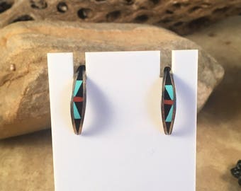 Vintage Zuni Multi Stone and Sterling Silver Inlay Post Earrings