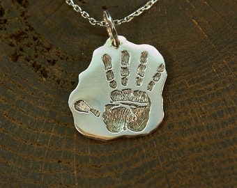 Silver Handprint Necklace, Handprint Jewelry, Hand Pendant, Arm Pendant, Palm, Trail, Palmistry Hand, Rock-Painting
