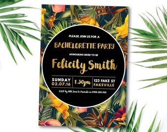 Tropical bachelorette invitation, tropical hens invitation, Hawaiian, bachelorette, hens, tropical, beach, summer, black, gold (Felicity)