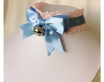Pink x Blue Kitten Play Collar Crochet Lace with bell