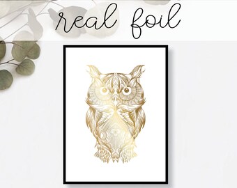 Abstract Owl Print // Real Gold Foil // Minimal // Gold Foil Art Print // Home Decor // Modern Office Print // Tropical // Fashion Print