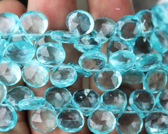 Full 8 Inch Strand, Aquamarine QUARTZ Faceted Heart Shape Briolettes