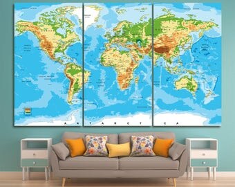 Large atlas world map print set of 3 or 5 panels, world map with countries, push pin world map classic world map detailed world map canvas