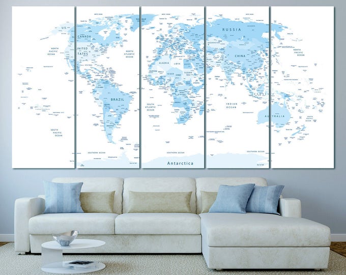 Large Blue highly detailed world map with countries and cities, blue push pin world map canvas print, push pin world travel map with cities