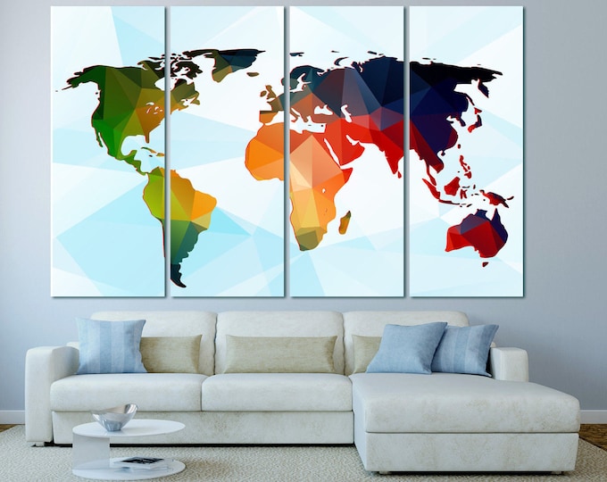 Large Colorful World Map Panels Poster, Polygonal Map, Abstract Wall Art canvas 1,3,4 or 5 Panels on Canvas Wall Art for Home & Office Decor
