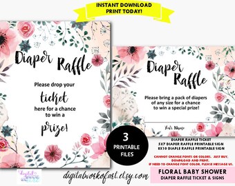 DIY Floral Diaper Raffle Card Printable Set, Baby Shower Raffle Sign, Ticket, Diaper Raffle Sign, PDF Raffle Ticket, PDF Instant Download