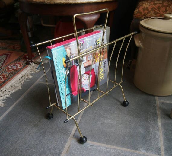 Vintage Gold Metal Magazine Rack Retro Atomic Style Wire