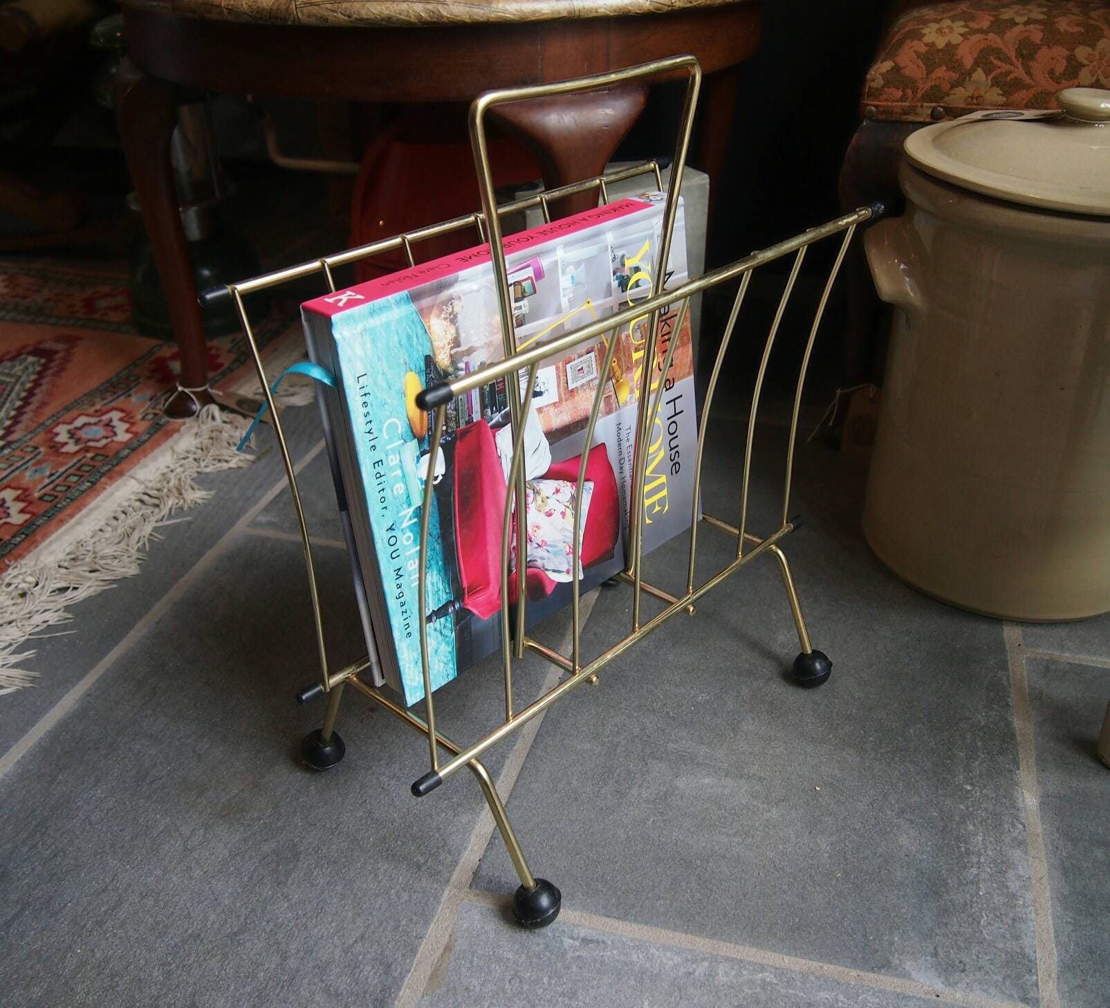 Vintage Gold Metal Magazine Rack Retro Atomic Style Wire