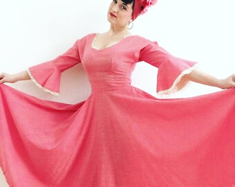 Lilli Diamond of California designer 50s full circle pink dress - 1950s dress with statement lace sleeves 26 W