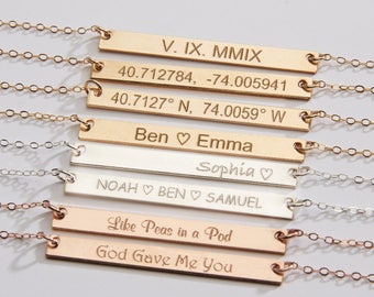 Custom Name Necklace-Reversible Gold Bar-Personalized Name-Date-Coordinate Latitude Longitude-Inspirational-14K GF-Rose-Silver -CG209N