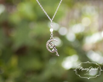 Fairy necklace, wanderlust, moon charm jewelry, white opal, Bohemian glass pearl, birthday gift, dainty jewelry, graduation, made in Italy