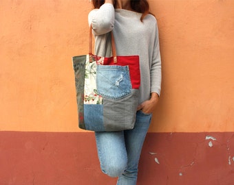 One of a Kind, patchwork, recycled denim, shoulder bag tote, Various fabrics