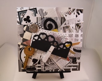 Title: Original Mixed Media Collage Art, 5x5, Canvas, “Black and White”