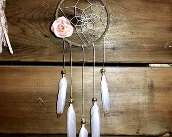 Simple dreamer, 4 inch dream catcher with pink flower and gold beads, nursery decor dreamcatcher, shabby chic, native american, boho dream