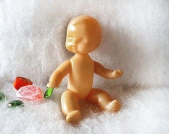 Old hard plastic toy Naked Kewpie baby doll Small movable joints figurine Kids childs collection Retro Making Craft supply parts Collectible