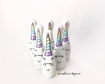 Unicorn rainbow wooden bowling set, toddler toys birthday,