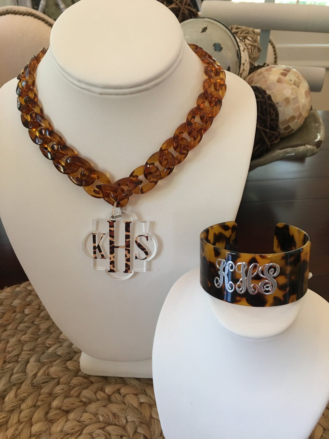 Elegant Tortuoise Shell Colored and Animal Print Monogram Bracelet and Necklace Set