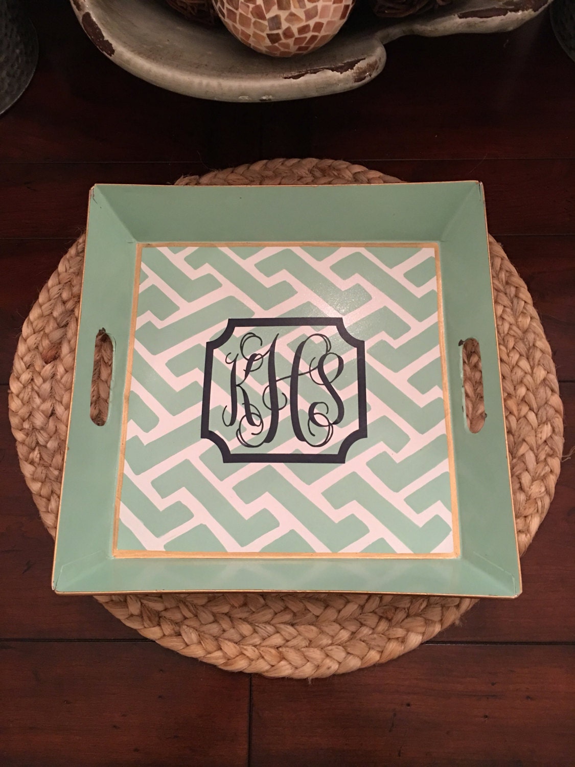 12 x 12 Teal and white decorative tin tray with navy monogram