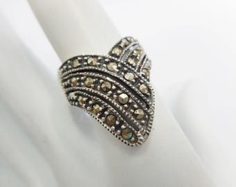 Marcasite Ring, Sterling Ring, Vintage Ring, Silver Ring, V Band, Sterling Band Ring, Sterling Silver Marcasite V Style Ring Sz 8.25 #1203