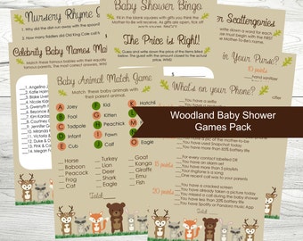 Baby Shower Games, Printable Woodland Theme Baby Shower Games, Set of 8 Games, Instant Download PDF