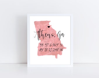 College Graduation Gift Athens GA Coordinates Sign Coordinates Gift Coordinates Print Latitude Longitude Sign GPS Coordinates Art