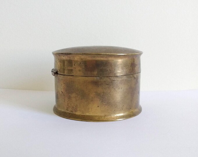 Vintage brass box, possibly trench art from a brass shell casing, jewelry box, trinket box, round watch case, watch box, cufflink box