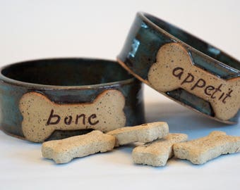 Handmade, wheel thrown, stoneware, dog bowl set