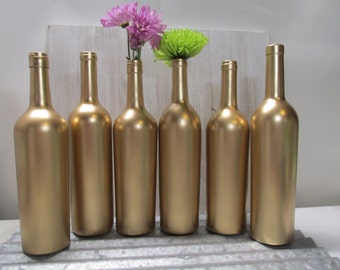 Painted Wine Bottle-Flower Vases- Matallic Gold - Set of 6- Rustic/Wedding/Baby Shower/Centerpieces/Bridal Shower/Reception