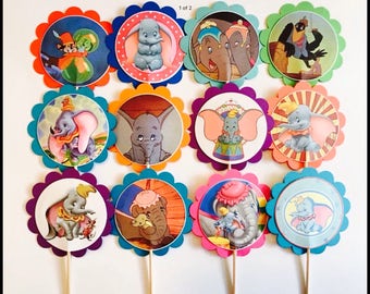 12 Dumbo birthday party, Dumbo baby shower, Dumbo party favors, Dunbo cupcake toppers OR party tags, Dumbo birthday decorations