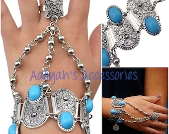 Turquoise & Beautifully Detailed Silver Hand Jewelry/Bracelet