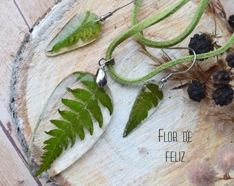terrarium necklace, set with fern, green resin earrings, nature necklace, real leaf necklace, resin flower necklace, necklace with fern