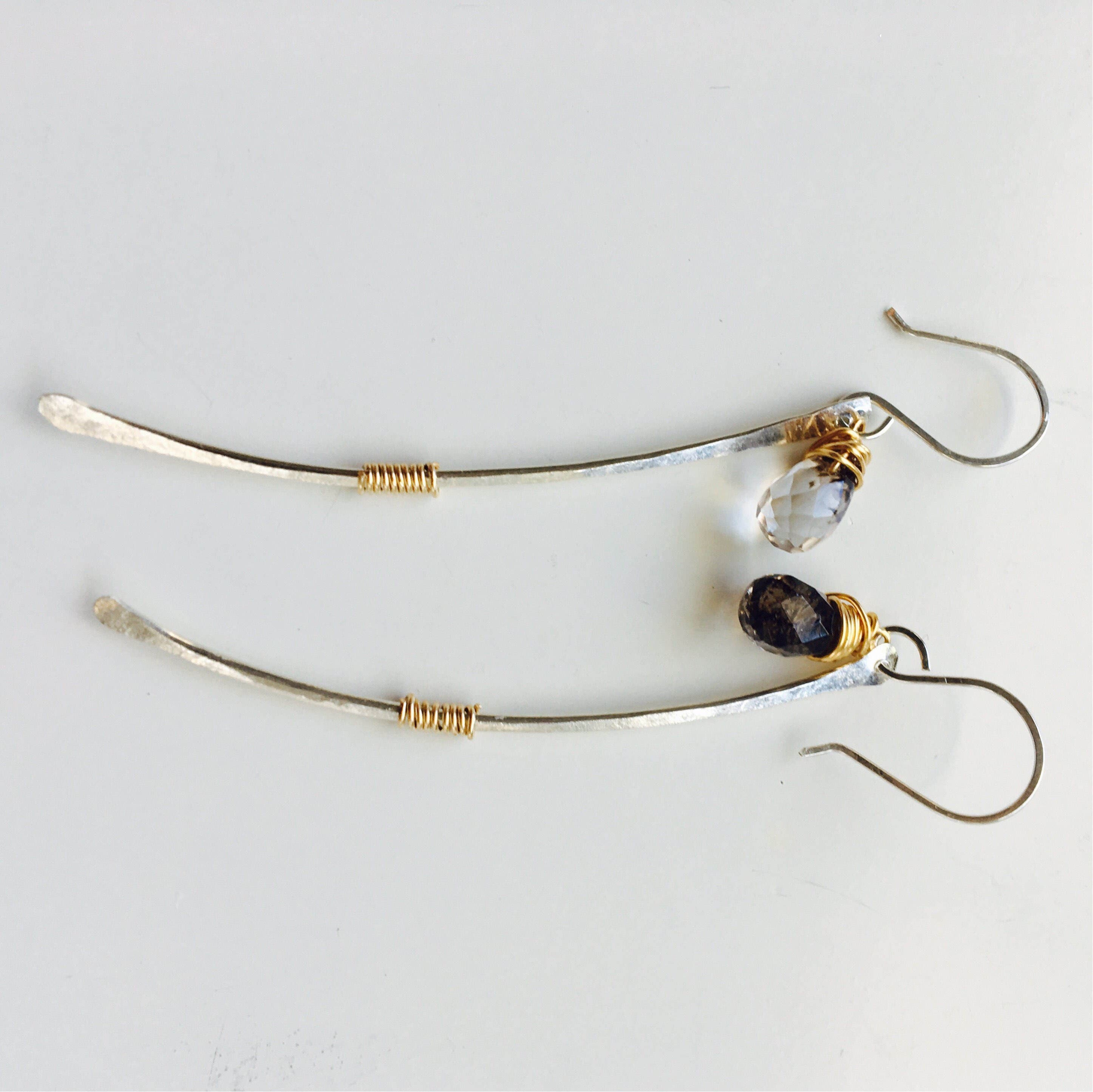 The Babs earrings// Stering Silver earrings Rutilated Quartz earrings// Curved Stick Earrings// stick earrings// mixed metal jewelry//