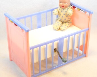 Vintage 1940 Mattel Creations Lullaby Doll Crib with Original Baby Doll and Box