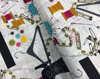 Sewing Machine Fabric Notions Sewing Fun Spool Thread Scissors by Maria Malinowski for Kanvas -100% High Quality Cotton By the HALF Yard
