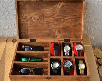 Rustic Men's Watch Box for 6 watches Rustic Sunglasses Box Watch Case Watch Box for Men watch holder