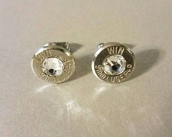 bullet earrings, handmade unique bullet jewelry, Winchester bullet with swarvoski crystal, very stylish stud earrings, best quality jewelry