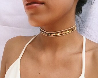 Thin Gold Choker/Gold Chokers/Sequins Choker/Gold Sequin Choker/Summer Chokers/Festive Necklace/Gold Choker Jewelry/ Gold Choker