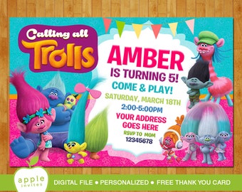 Trolls Invitation, Trolls Party, Trolls Birthday, Trolls, Trolls Birthday Invitation, FREE Thank you Card!